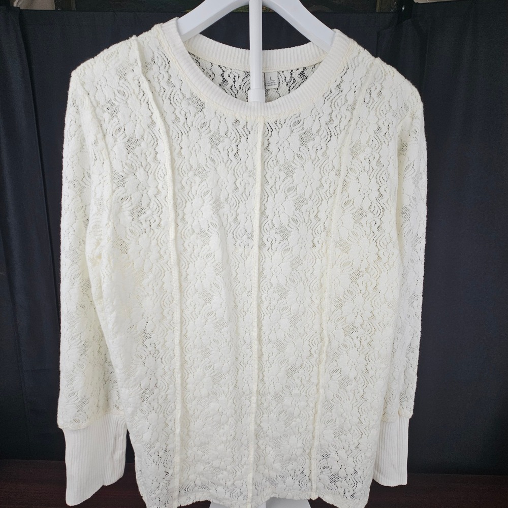 Cream Floral Lace Long Sleeve Top Tank Lined Crew Neck Ribbed Cuffs Ivory Large